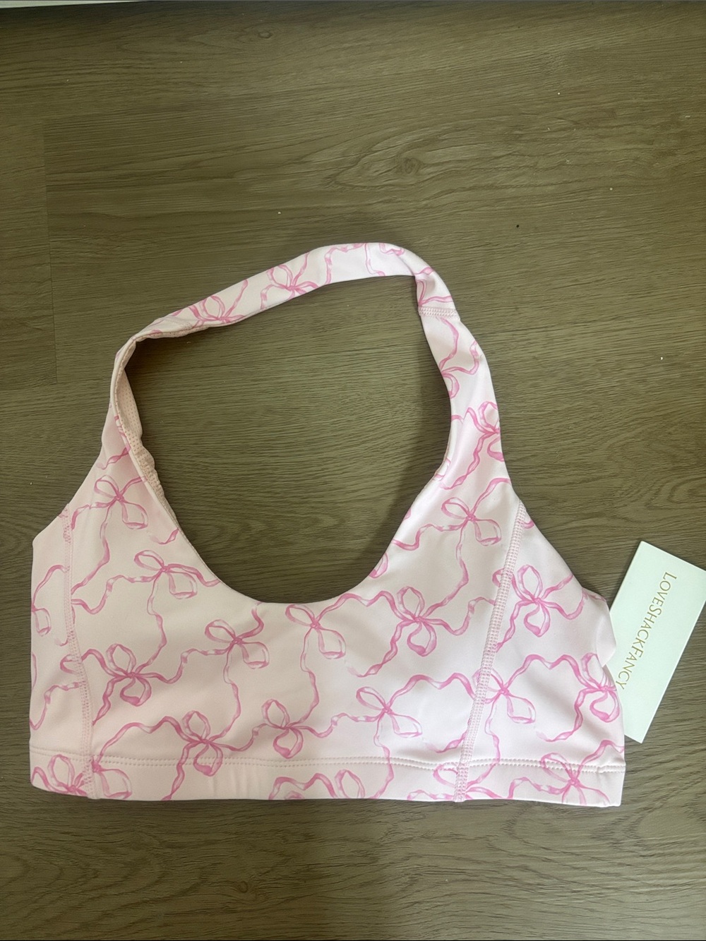 LoveShackFancy Pink Bow-Print Halter Sports Bra